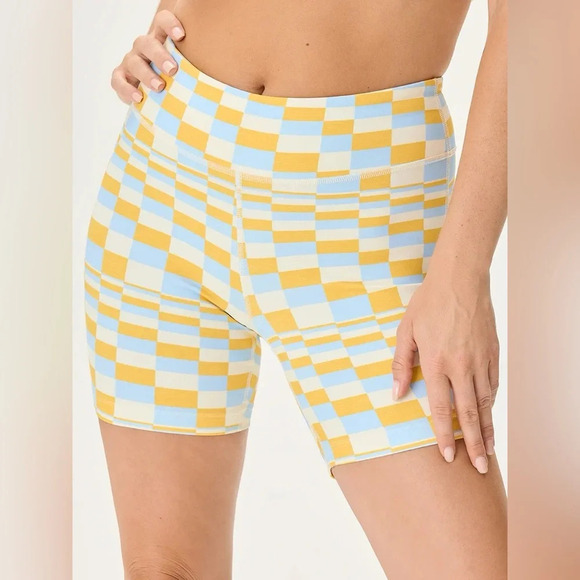 NWT Outdoor Voices TechSweat 6’’ Checkered Bike Shorts in Blue/Yellow Size XS - Picture 1 of 11